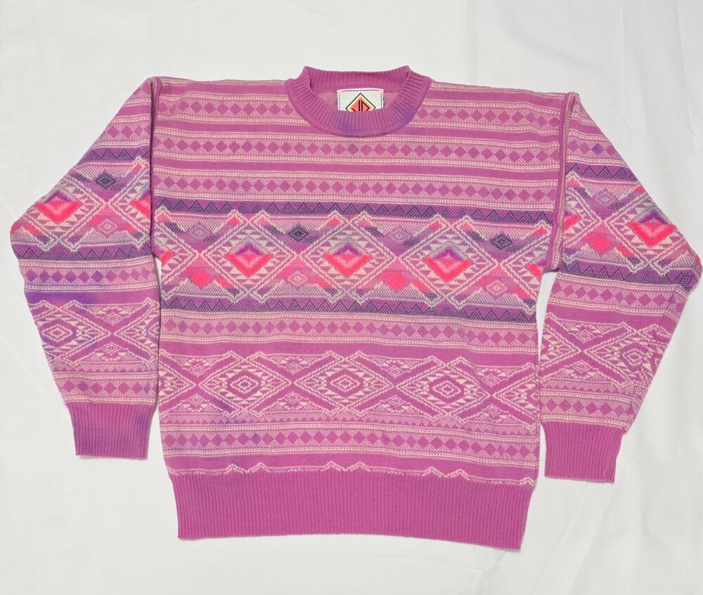 VTG 80s -90sSun Valley Virgin Wool Ski Sweater Large Purple Pink Geometric Aztec